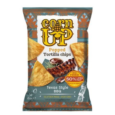 Corn Up, teljes kiőrlésű sárga kukorica Tortilla chips, BBQ/Barbecue ízesítéssel, 60g