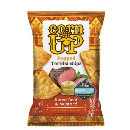 Corn Up, teljes kiőrlésű sárga kukorica Tortilla chips, marhahús és mustár ízesítéssel, 60g