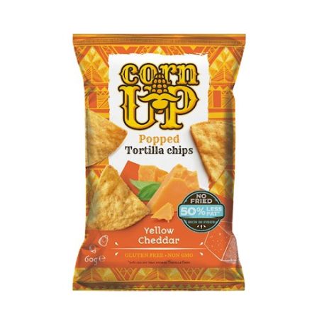 Corn Up, teljes kiőrlésű sárga kukorica Tortilla chips, cheddar sajt ízesítéssel, 60g