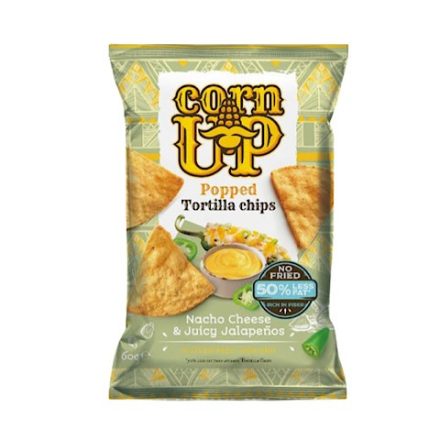 Corn Up, teljes kiőrlésű sárga kukorica Tortilla chips, Nacho sajt és Jalapeno ízesítéssel, 60g